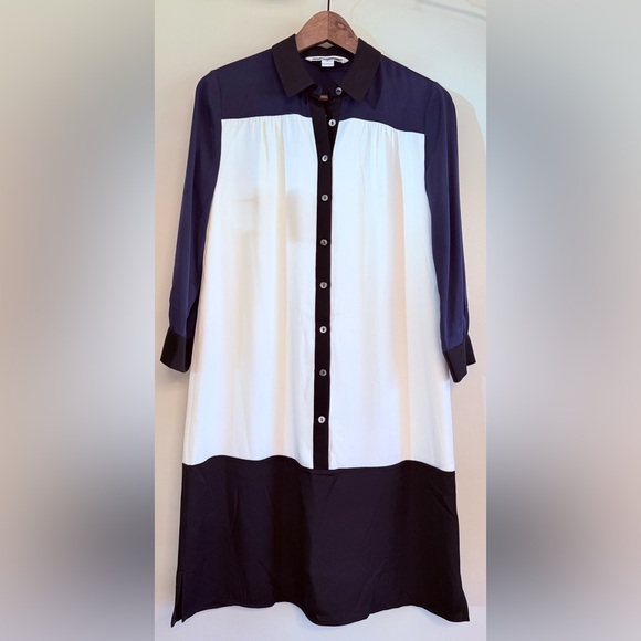 Diane Von Furstenberg Blue, White & Black Colorblock Silk Shirt Dress size4 - Picture 2 of 13